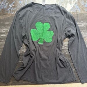 Gildan  Long Sleeve Black Tee with Green Shamrock